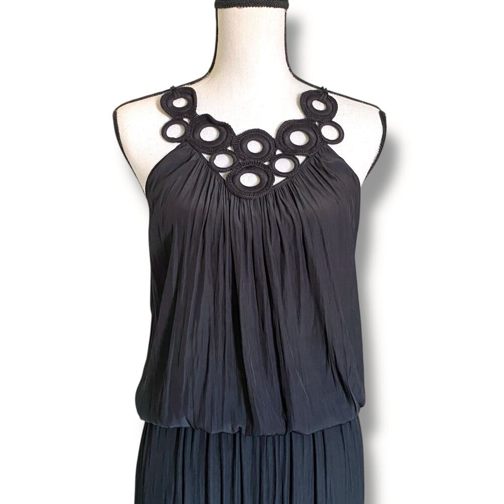 Ramy Brook Aria Maxi Dress Fits Sz XS/S Black Crinkle Sateen Crochet Bib Slit